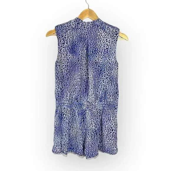 REBECCA TAYLOR Leo Fever Romper Women's 6 Silk Blue White Leopard Sleeveless - Picture 4 of 11